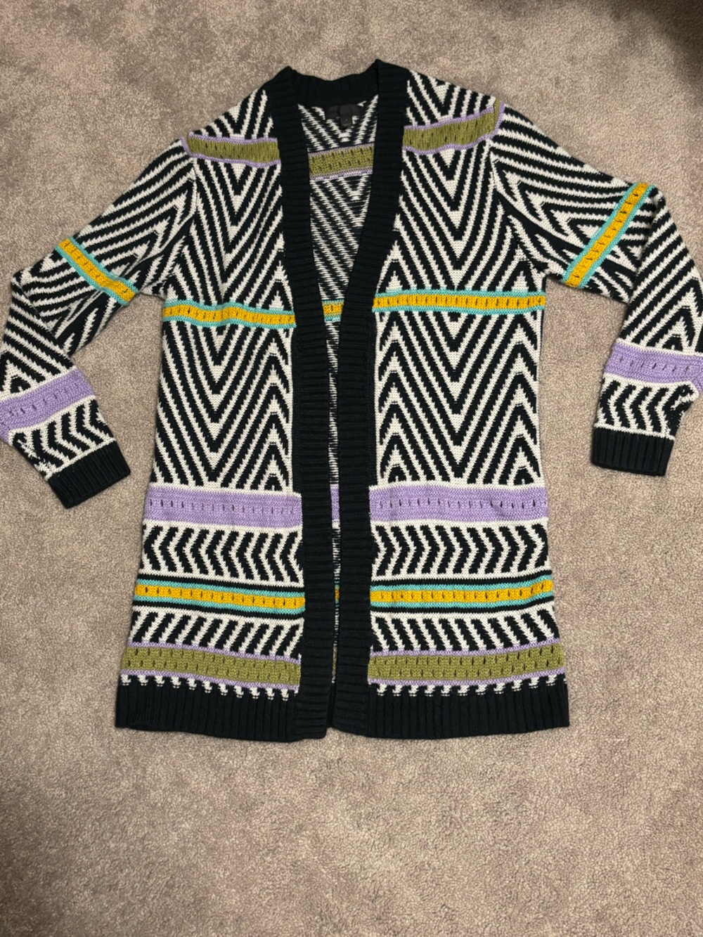 ASOS Black and White Geometric Cardigan with Purple, Yellow, Olive Accents